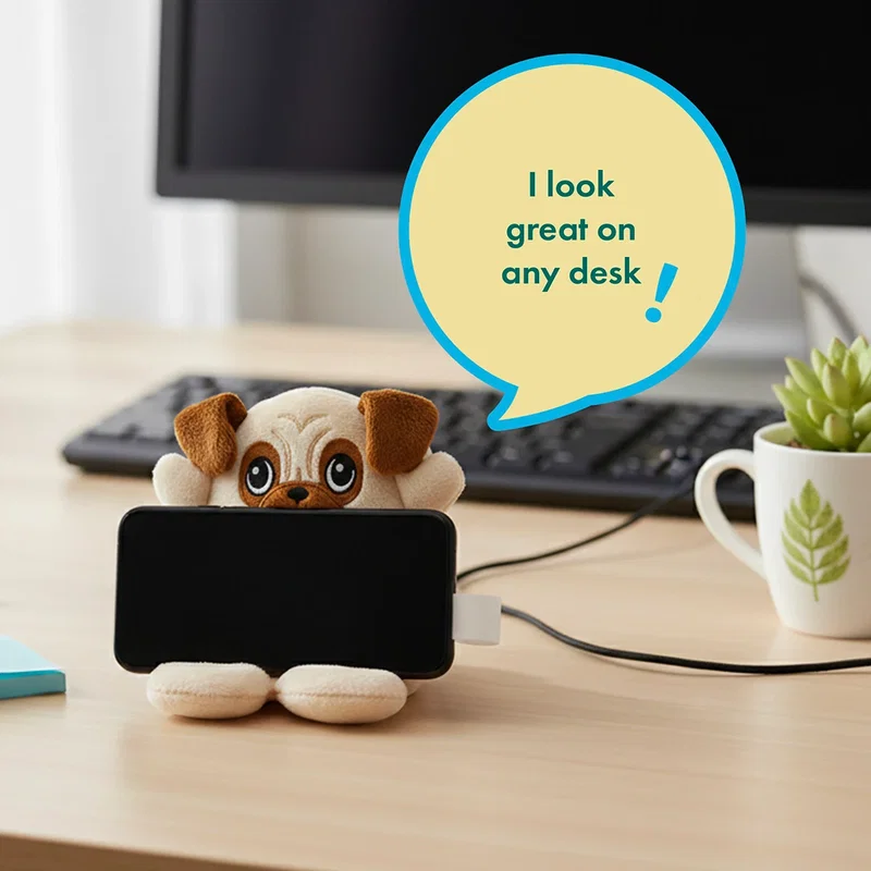 Phone Pals Weighted Plush Phone Holder shown on a nightstand, lifestyle shot, style 2 of 3