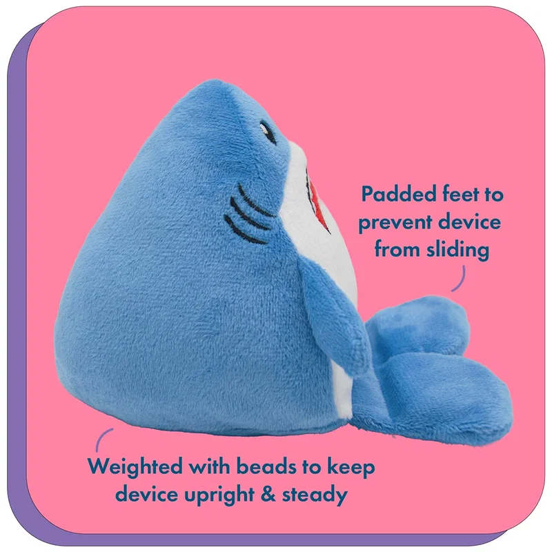 Phone Pals Weighted Plush Phone Holder holding a smartphone upright, shown in use, style 3 of 3