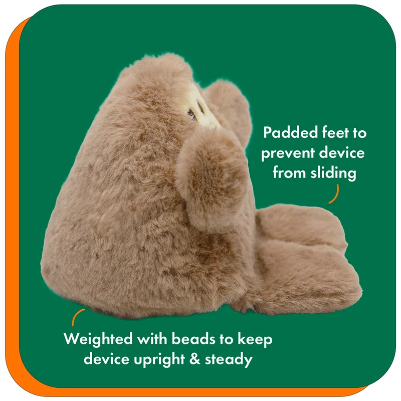 Phone Pals Weighted Plush Phone Holder holding a smartphone upright, shown in use, style 2 of 3
