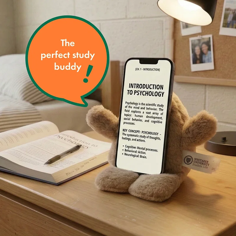 Angled view of the Phone Pals Weighted Plush Phone Holder resting on a desk, style 1 of 3