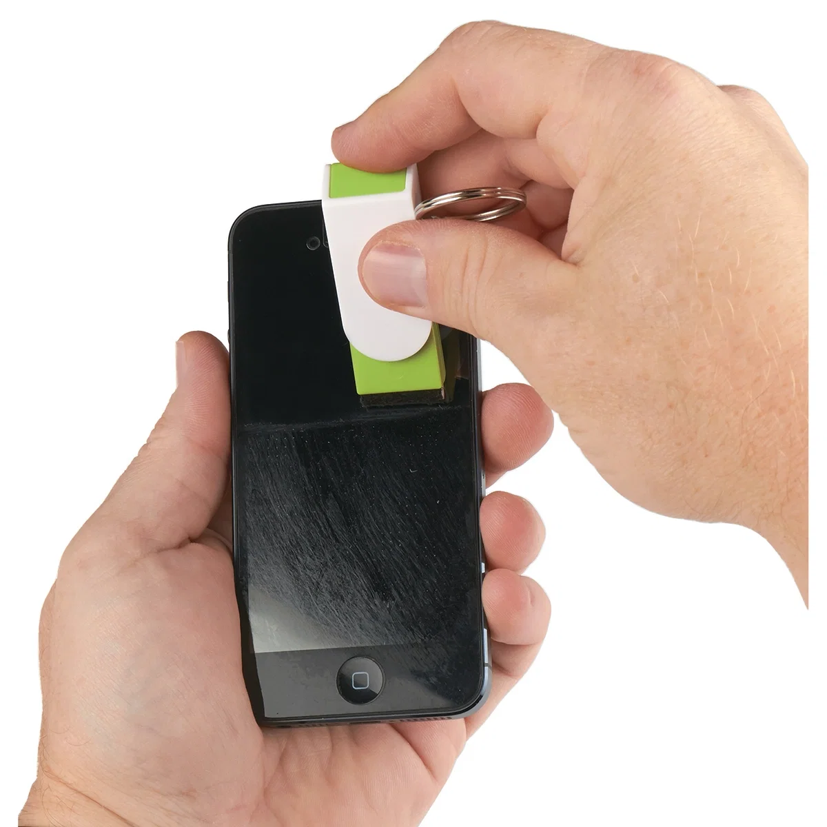Phone Stand And Screen Cleaner Combo Key Chain in use
