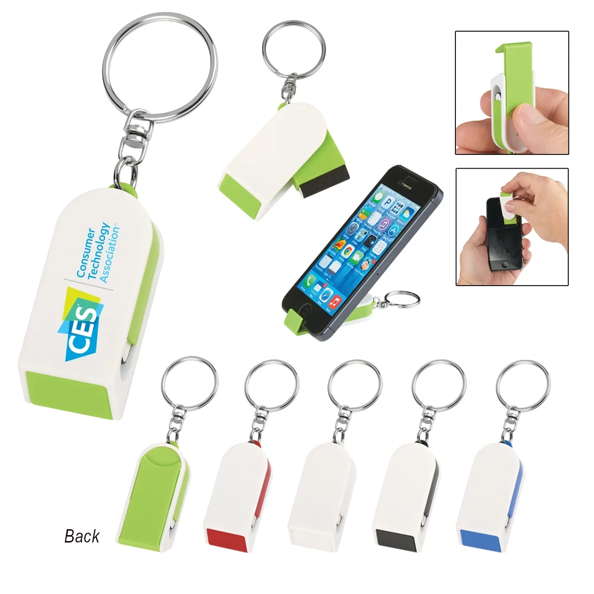 Combination phone stand and screen cleaner on a key ring