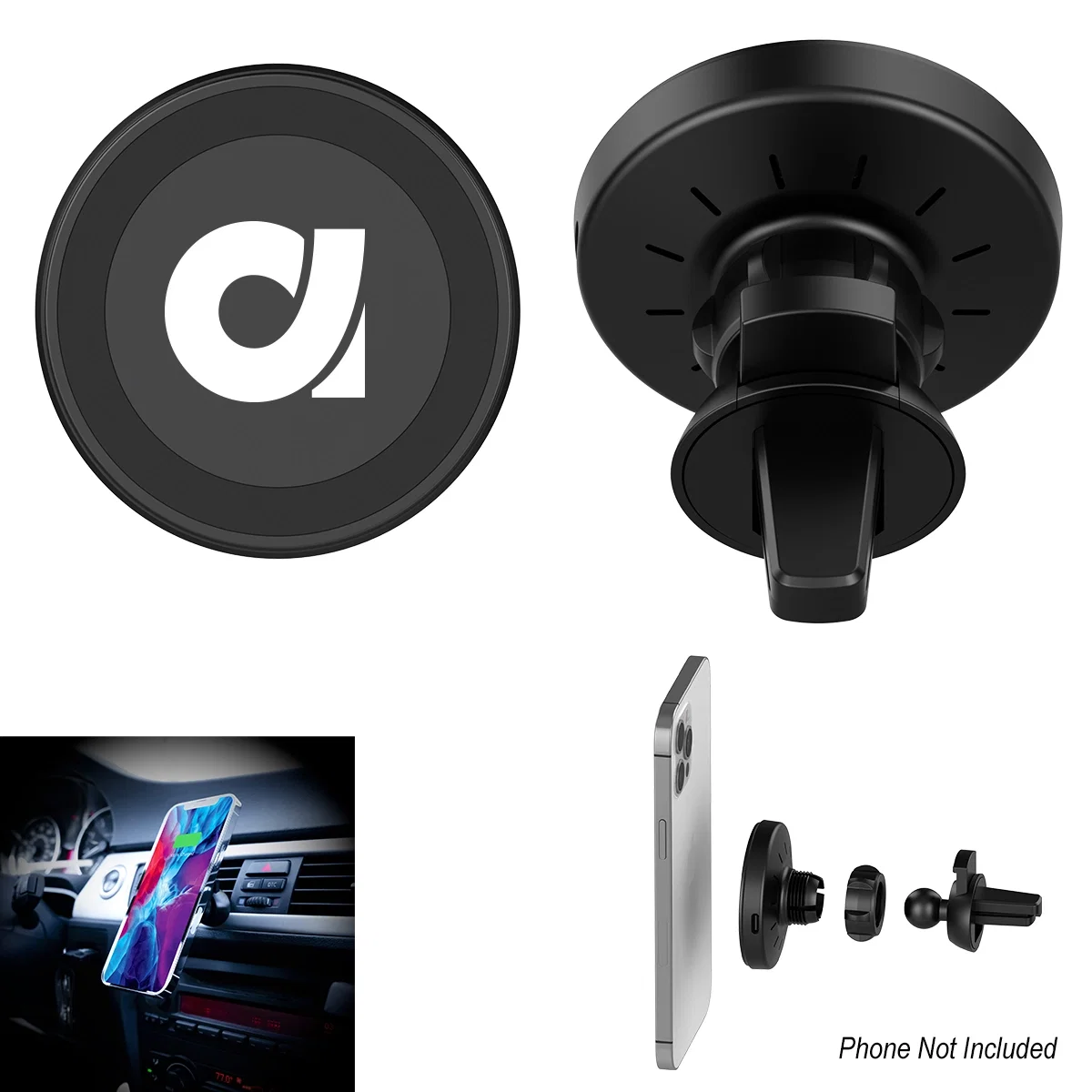 Black magnetic car mount that charges a phone without cables