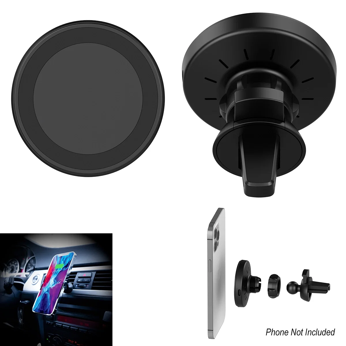 Compact puck-shaped holder measuring two and a half inches wide