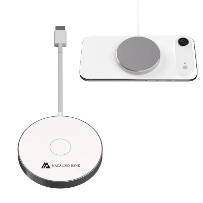Round Qi2 wireless charging pad in white