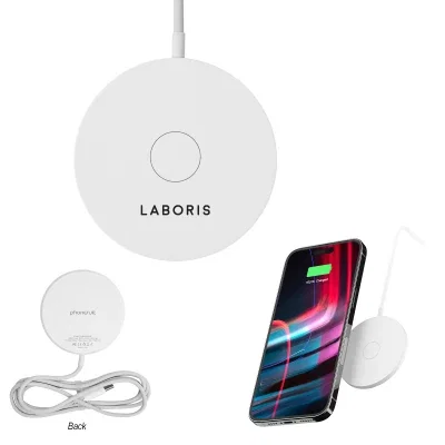 Round white wireless charging pad measuring two and a half inches across