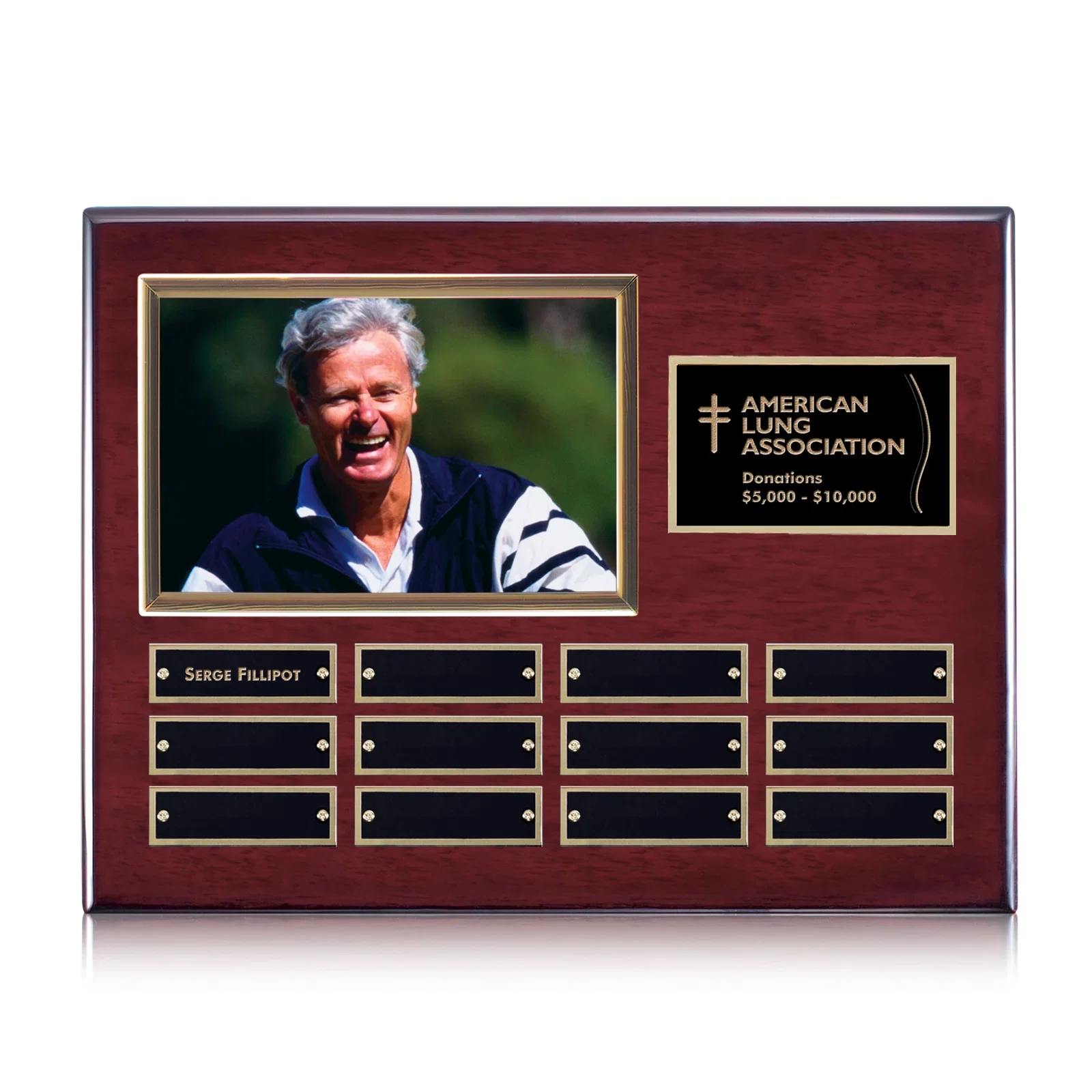Custom Photo Perpetual Plaque on Piano Finish Wood, 12x15 In Max for corporate award ceremonies