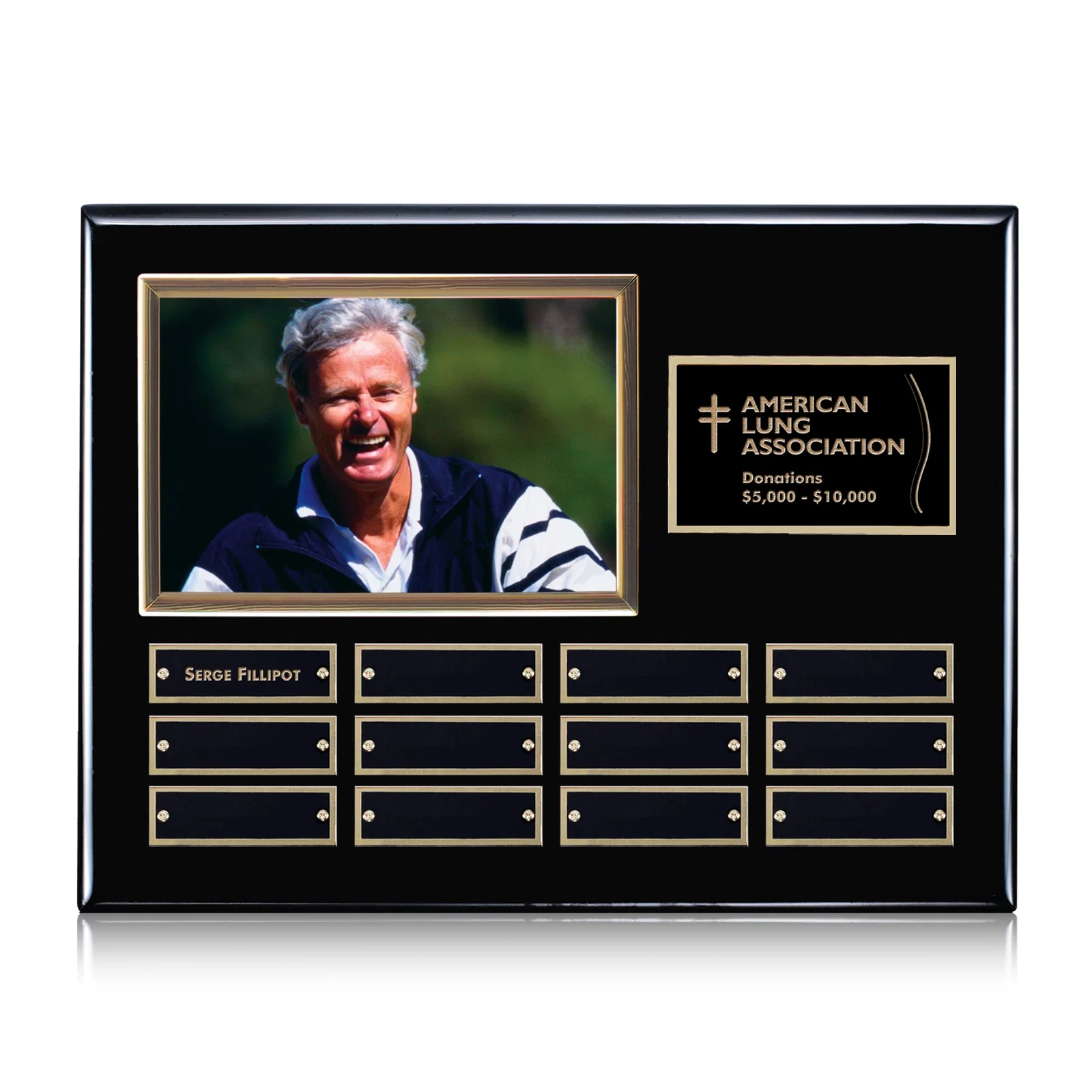 Custom Photo Perpetual Plaque on Piano Finish Wood, 12x15 In Max for team milestone celebrations