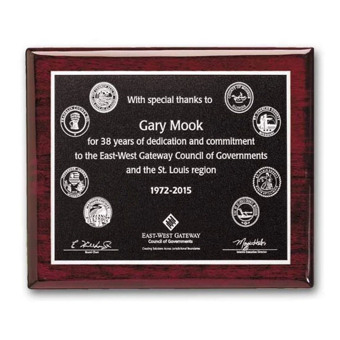 Custom Rosewood Piano Finish Photocast Relief Plaque for retirement presentations