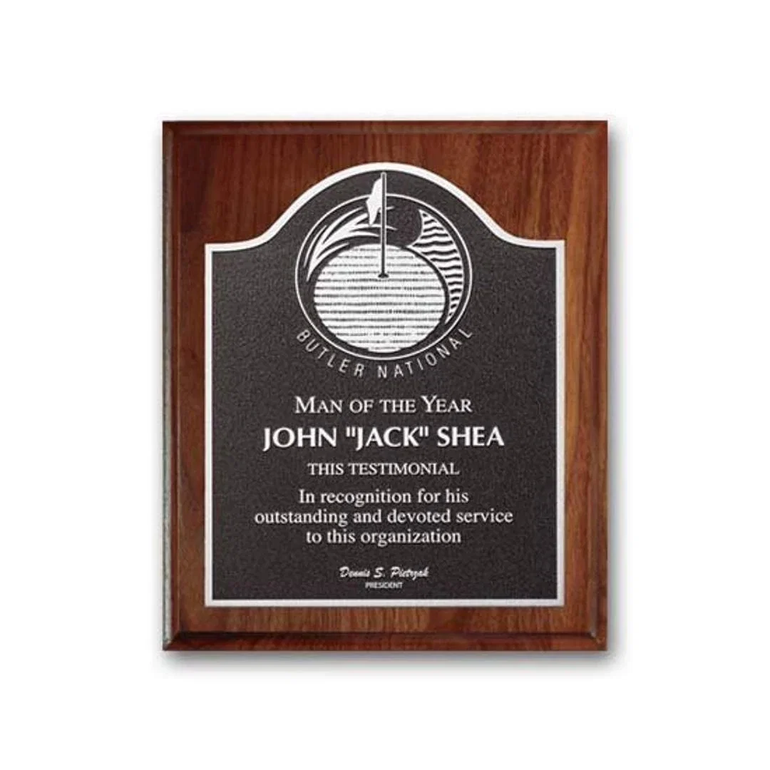Custom Cove-Edge Walnut Photocast Relief Plaque for corporate award ceremonies