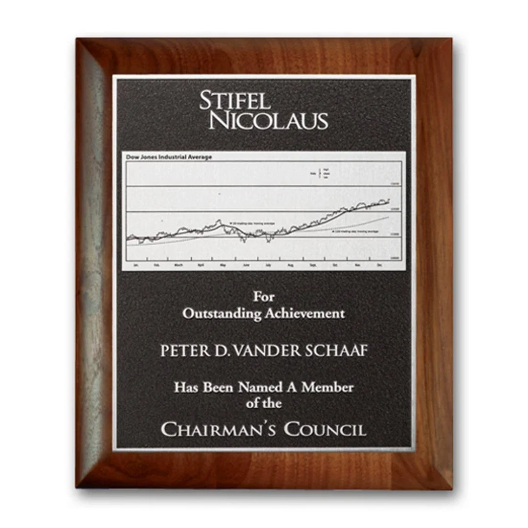 Custom Rolled-Edge Walnut Photocast Relief Plaque for employee recognition