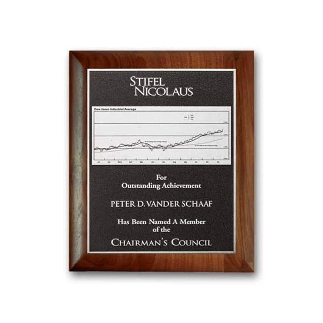 Custom Rolled-Edge Walnut Photocast Relief Plaque for corporate award ceremonies