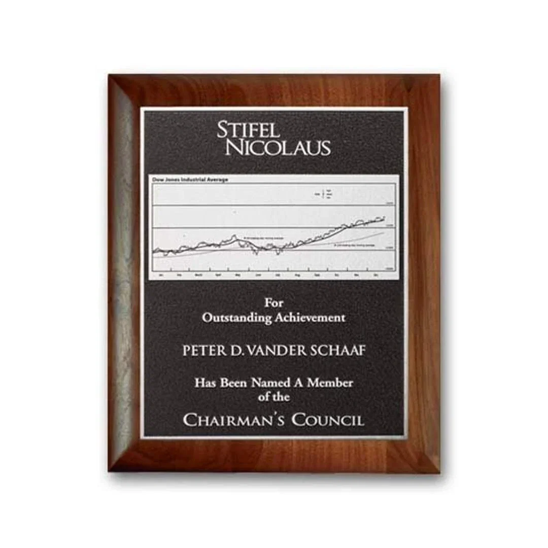 Custom Rolled-Edge Walnut Photocast Relief Plaque for service anniversary gifts