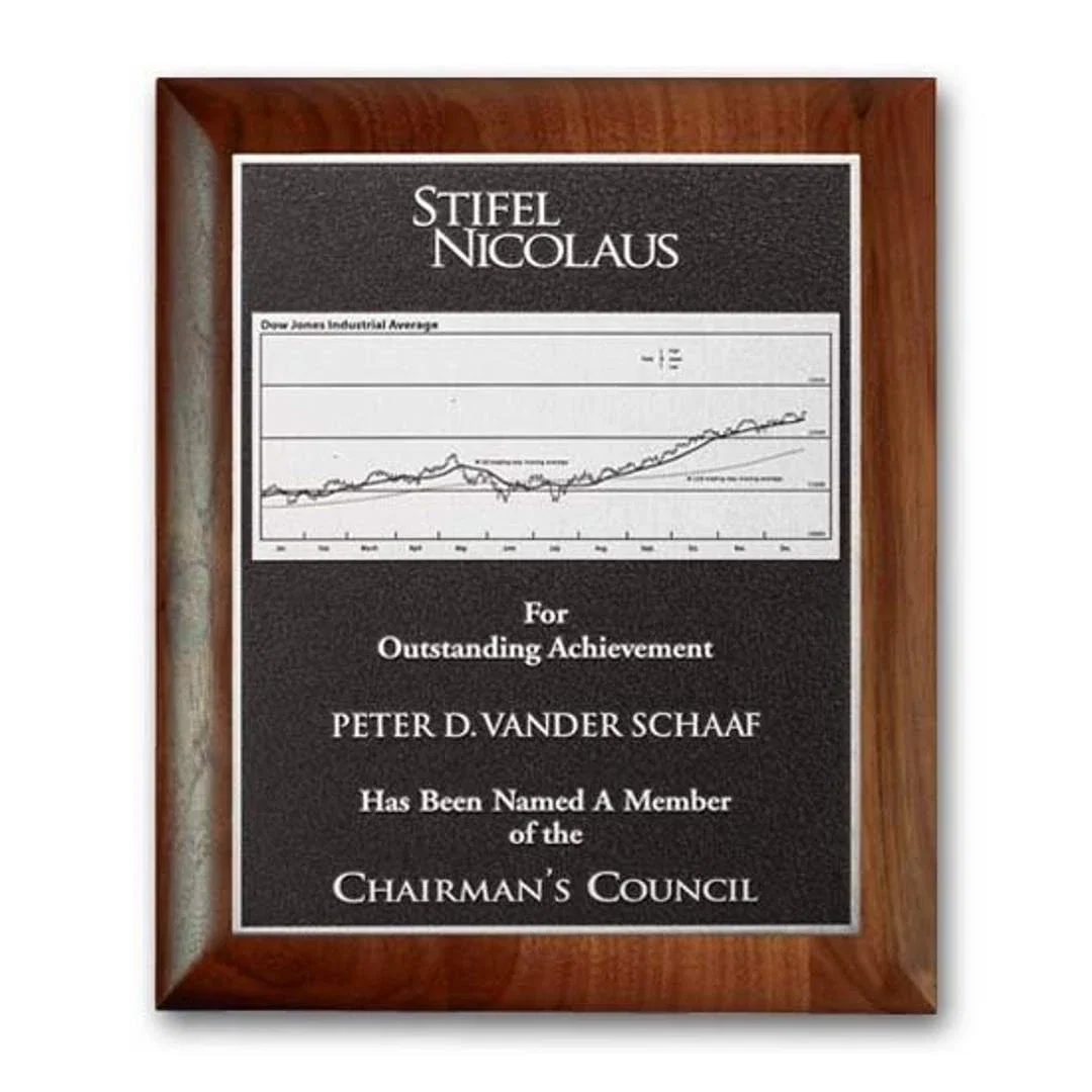 Custom Rolled-Edge Walnut Photocast Relief Plaque for retirement presentations