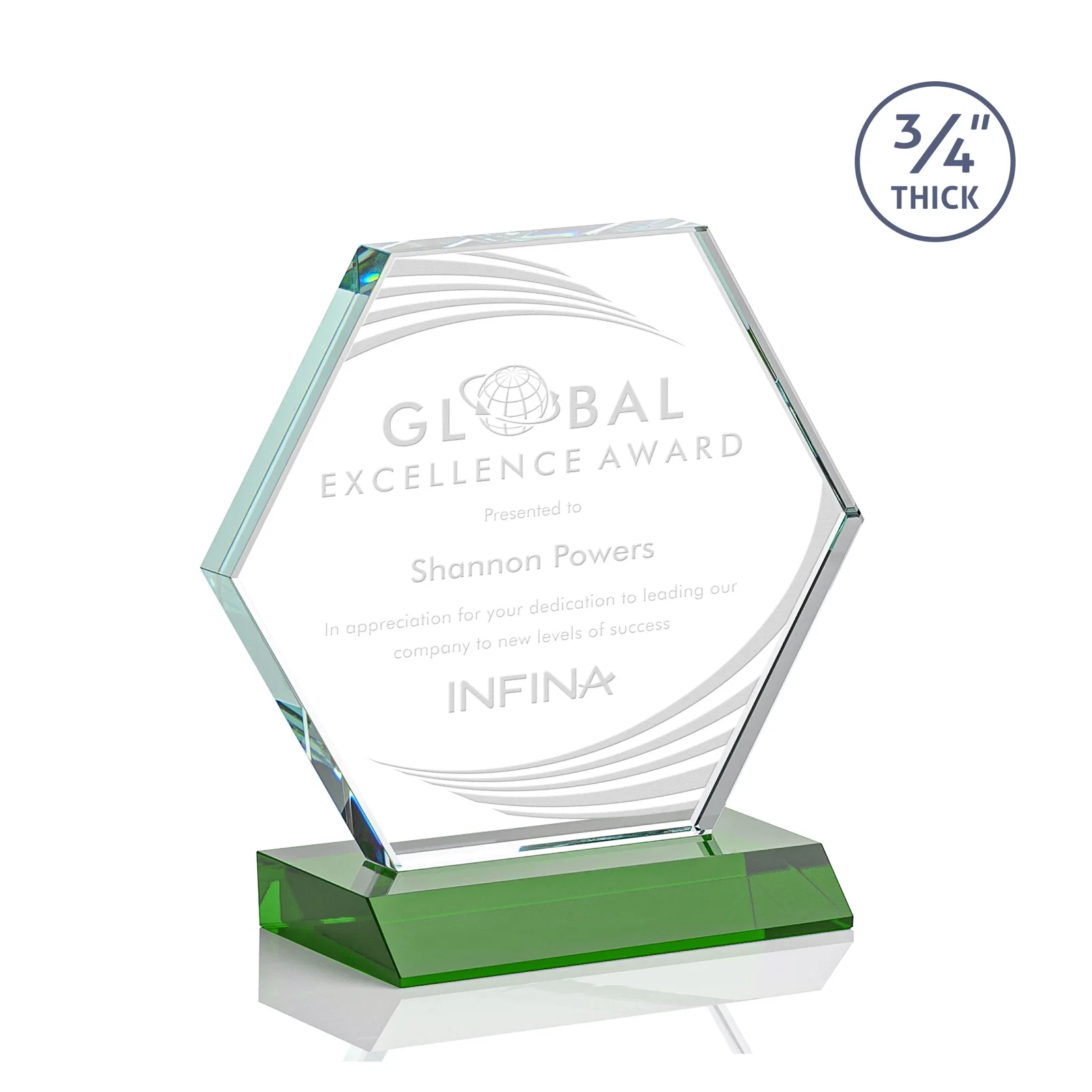 Custom Starfire Crystal Hexagon Award, 3/4 Inch Thick on Crystal Base, awards for volunteer appreciation