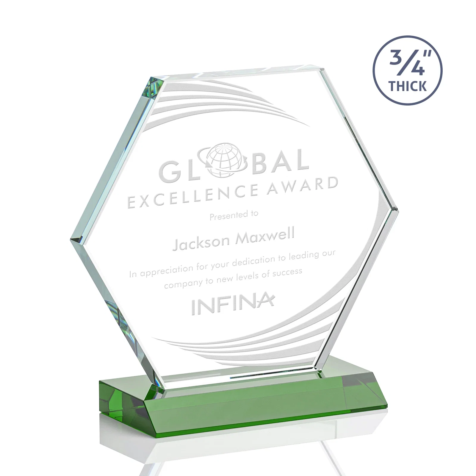 Custom Starfire Crystal Hexagon Award, 3/4 Inch Thick on Crystal Base, awards for dealer and partner awards