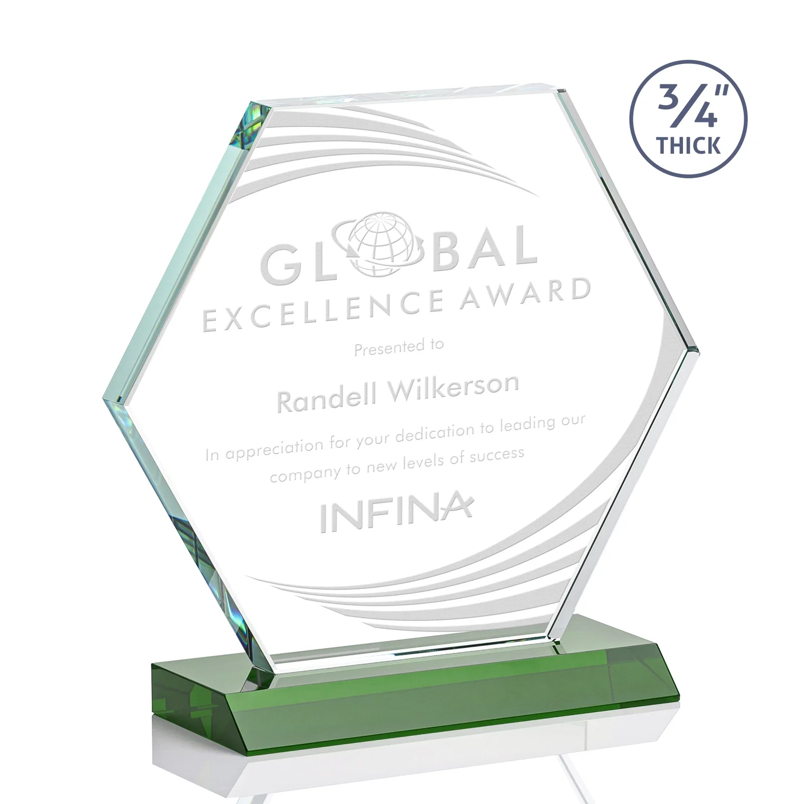 Custom Starfire Crystal Hexagon Award, 3/4 Inch Thick on Crystal Base, awards for company anniversary events