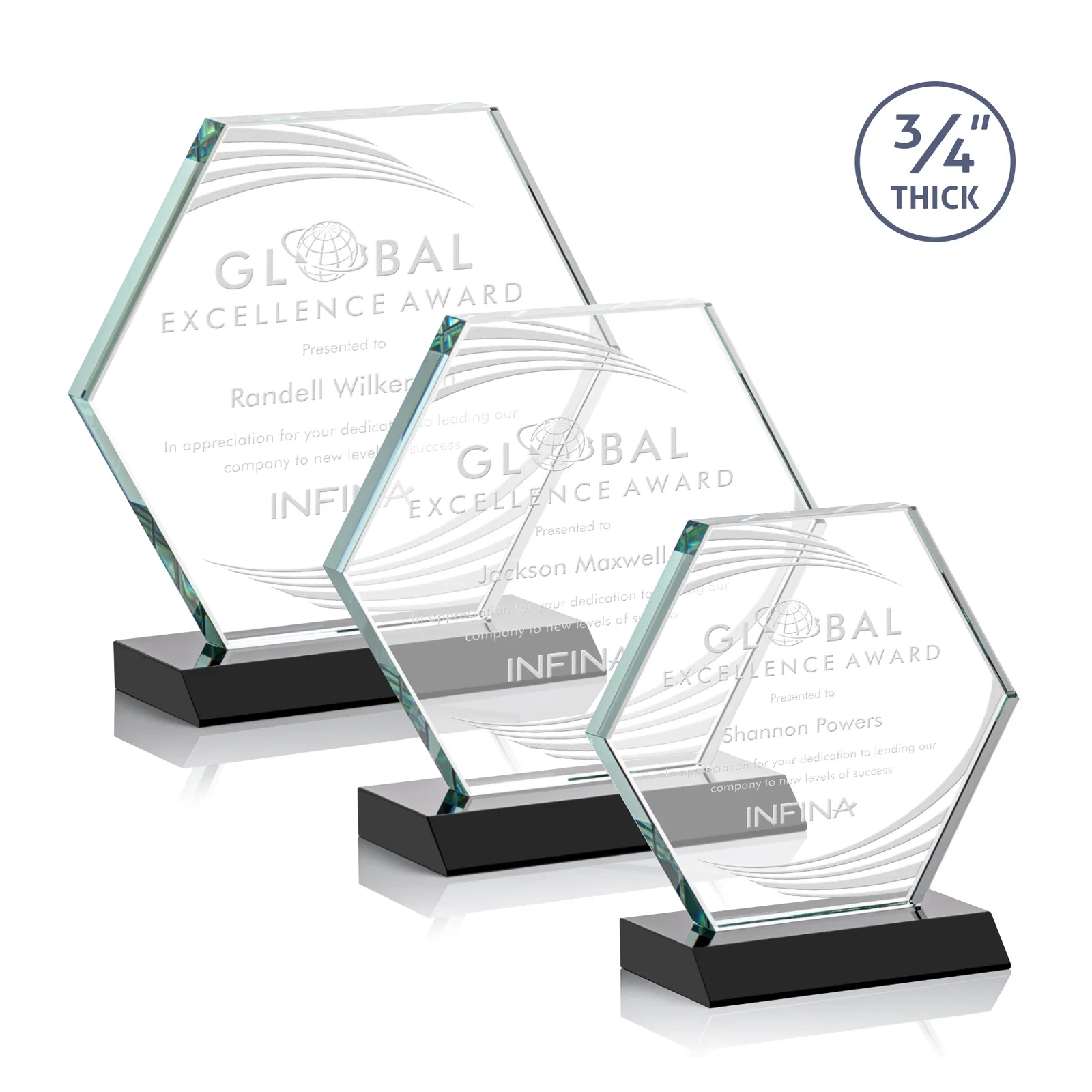 Personalized Starfire Crystal Hexagon Award, 3/4 Inch Thick on Crystal Base, awards for employee recognition