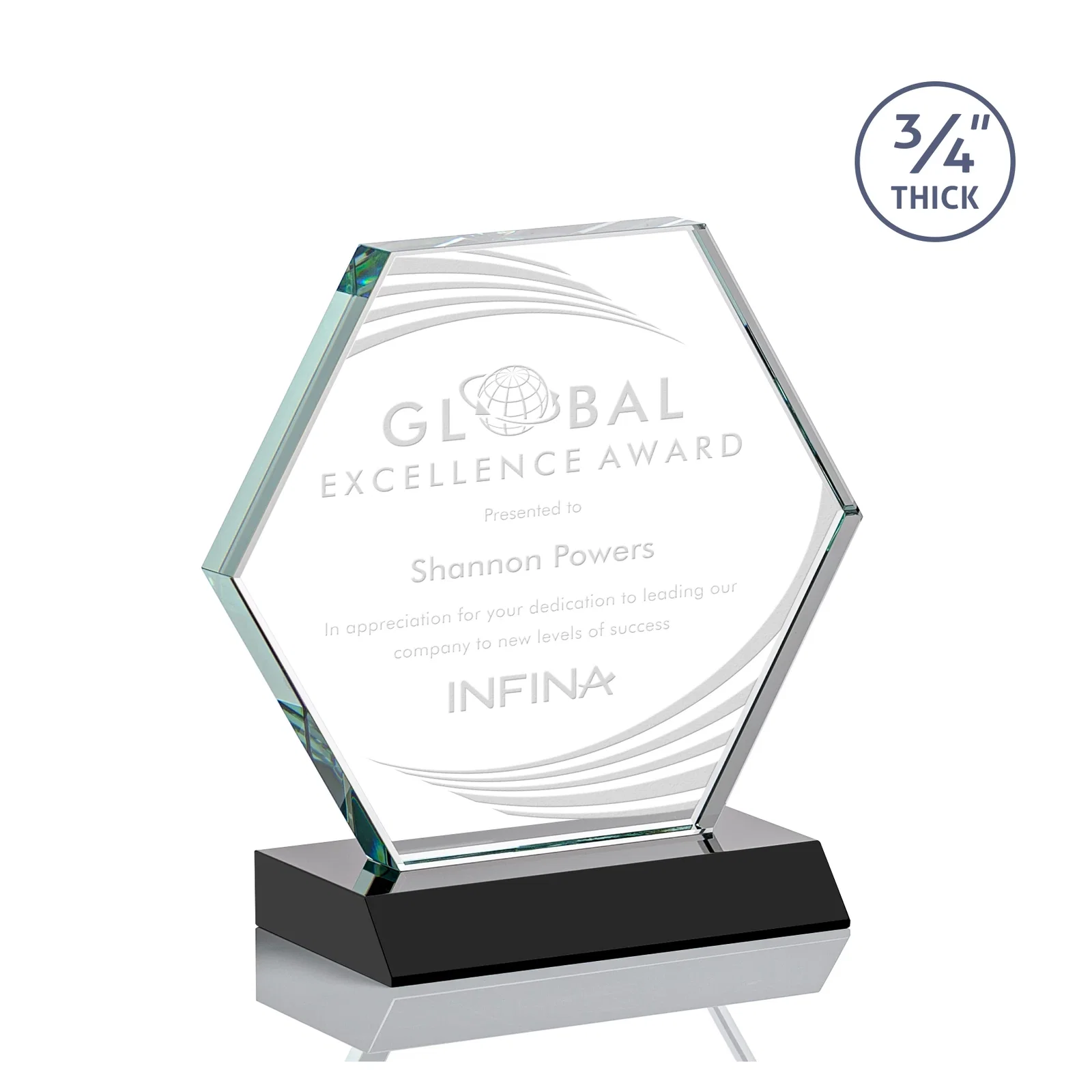 Personalized Starfire Crystal Hexagon Award, 3/4 Inch Thick on Crystal Base, awards for corporate award ceremonies
