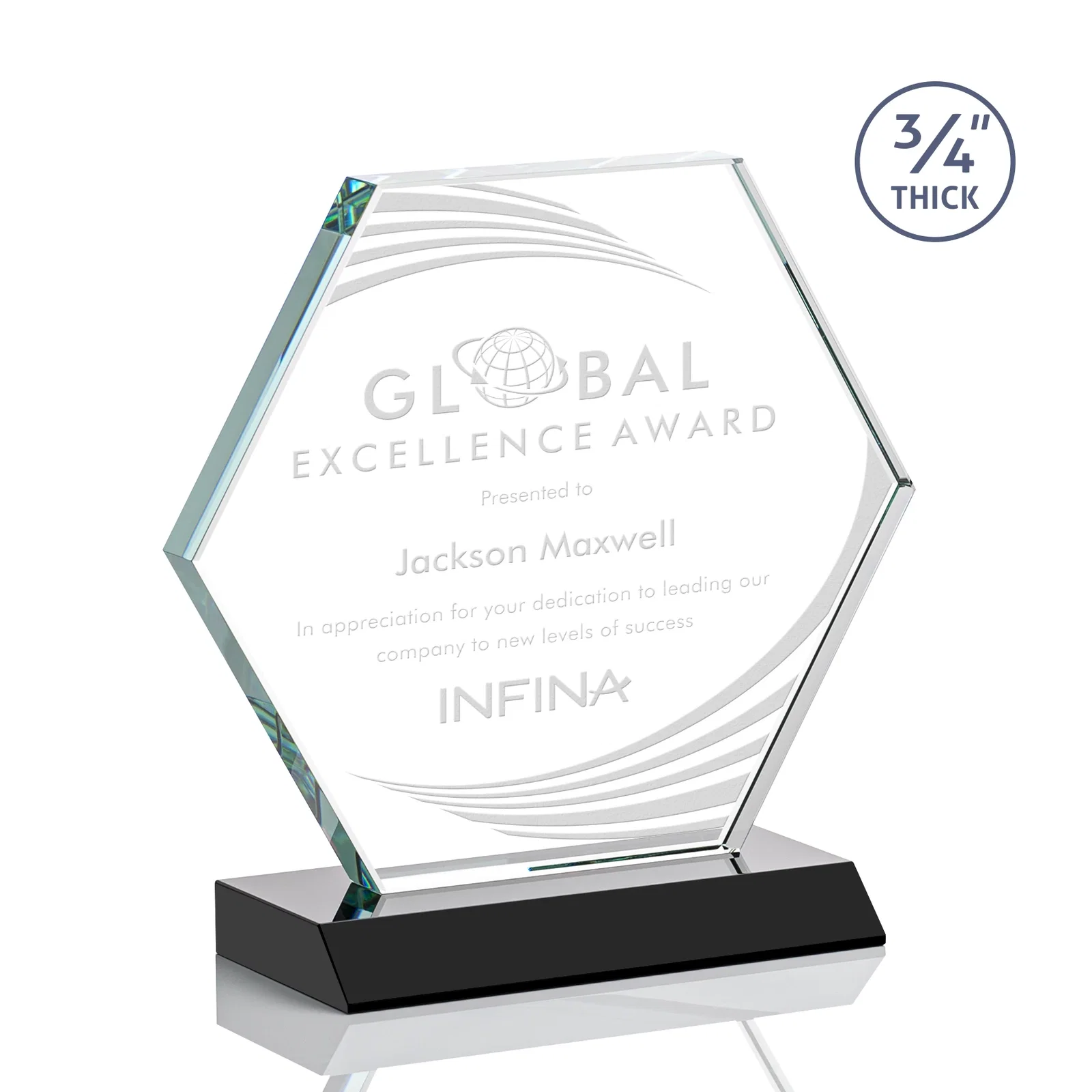 Personalized Starfire Crystal Hexagon Award, 3/4 Inch Thick on Crystal Base, awards for service anniversary gifts