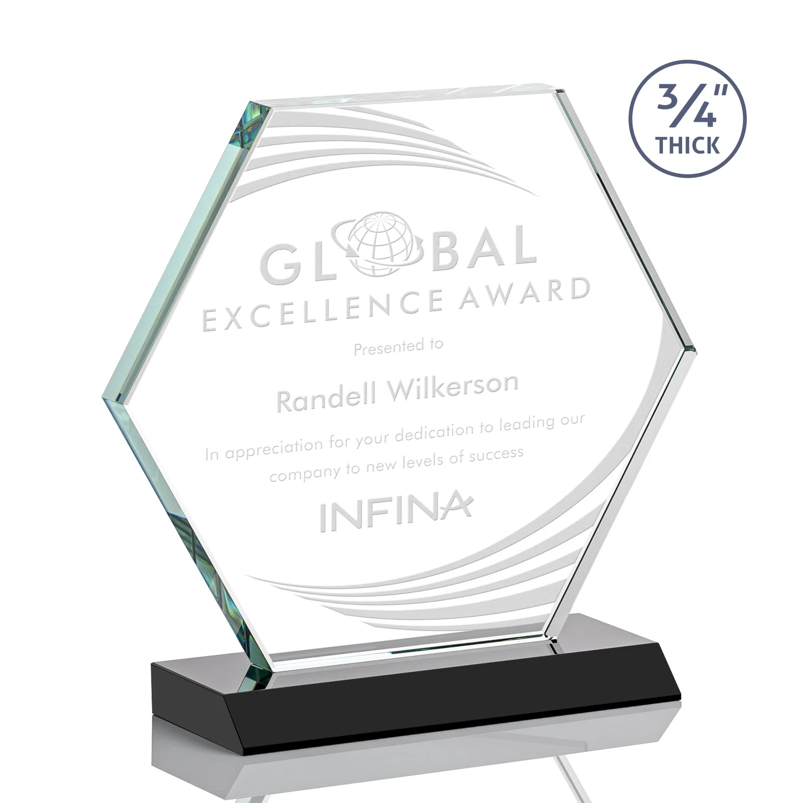 Personalized Starfire Crystal Hexagon Award, 3/4 Inch Thick on Crystal Base, awards for sales achievement awards