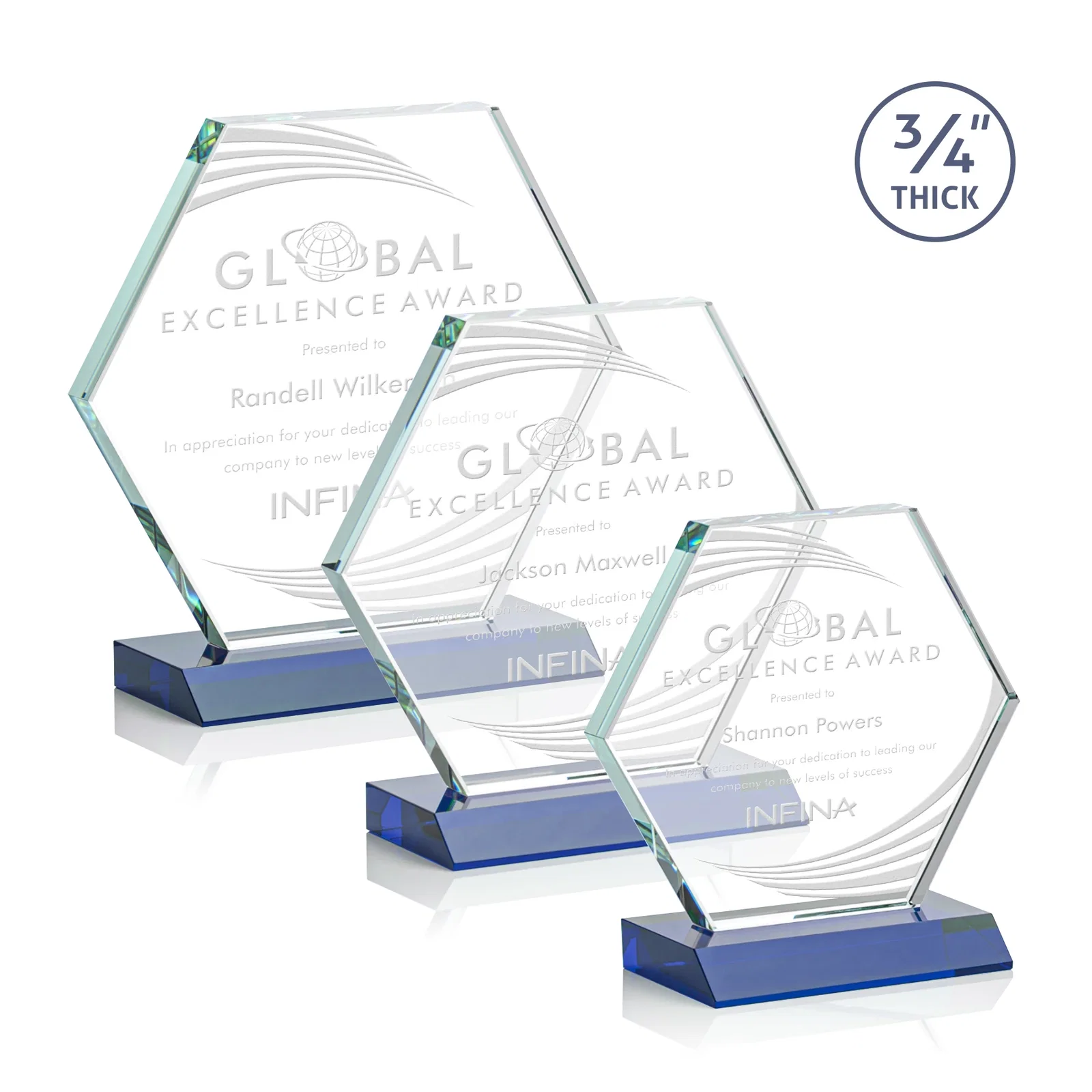 Personalized Starfire Crystal Hexagon Award, 3/4 Inch Thick on Crystal Base, awards for retirement presentations