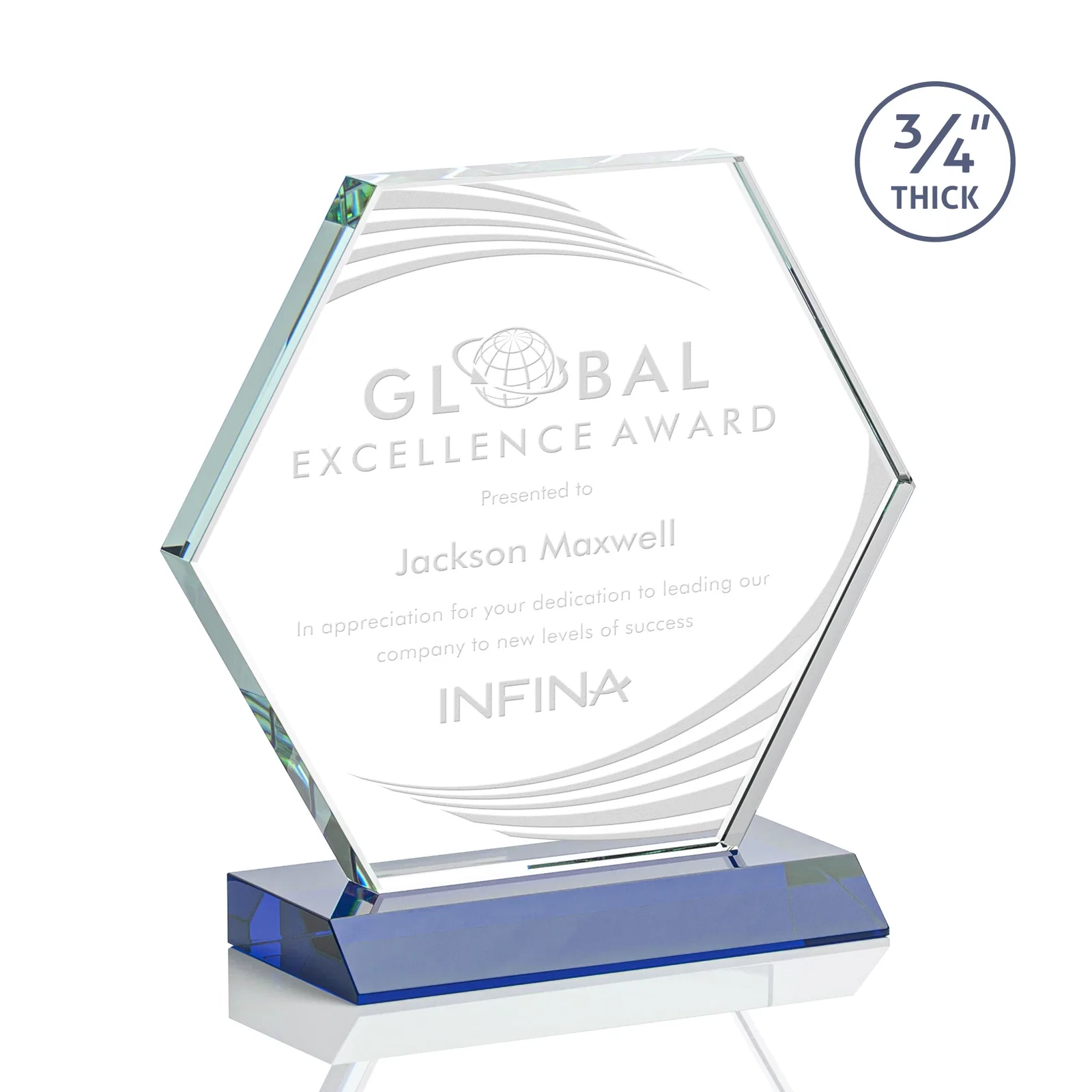 Personalized Starfire Crystal Hexagon Award, 3/4 Inch Thick on Crystal Base, awards for donor appreciation