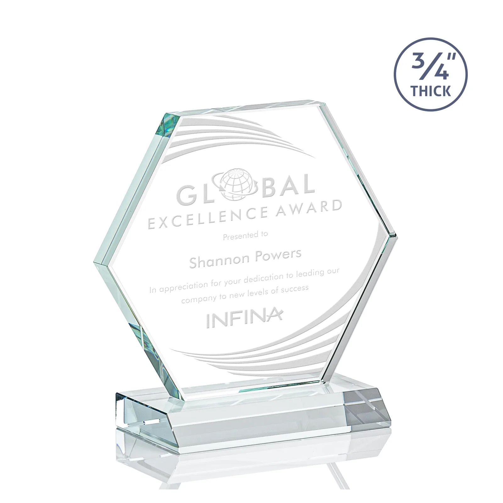 Custom Starfire Crystal Hexagon Award, 3/4 Inch Thick on Crystal Base, awards for corporate award ceremonies