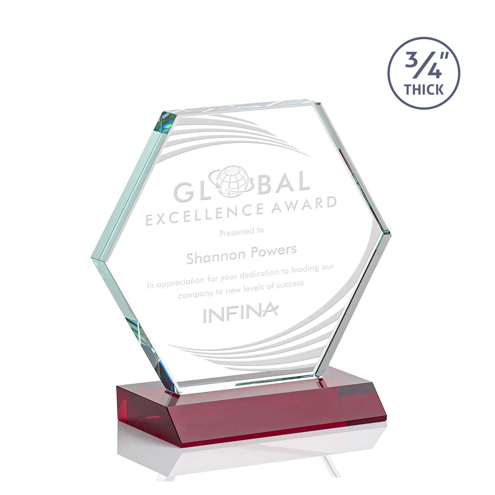 Personalized Starfire Crystal Hexagon Award, 3/4 Inch Thick on Crystal Base, awards for volunteer appreciation