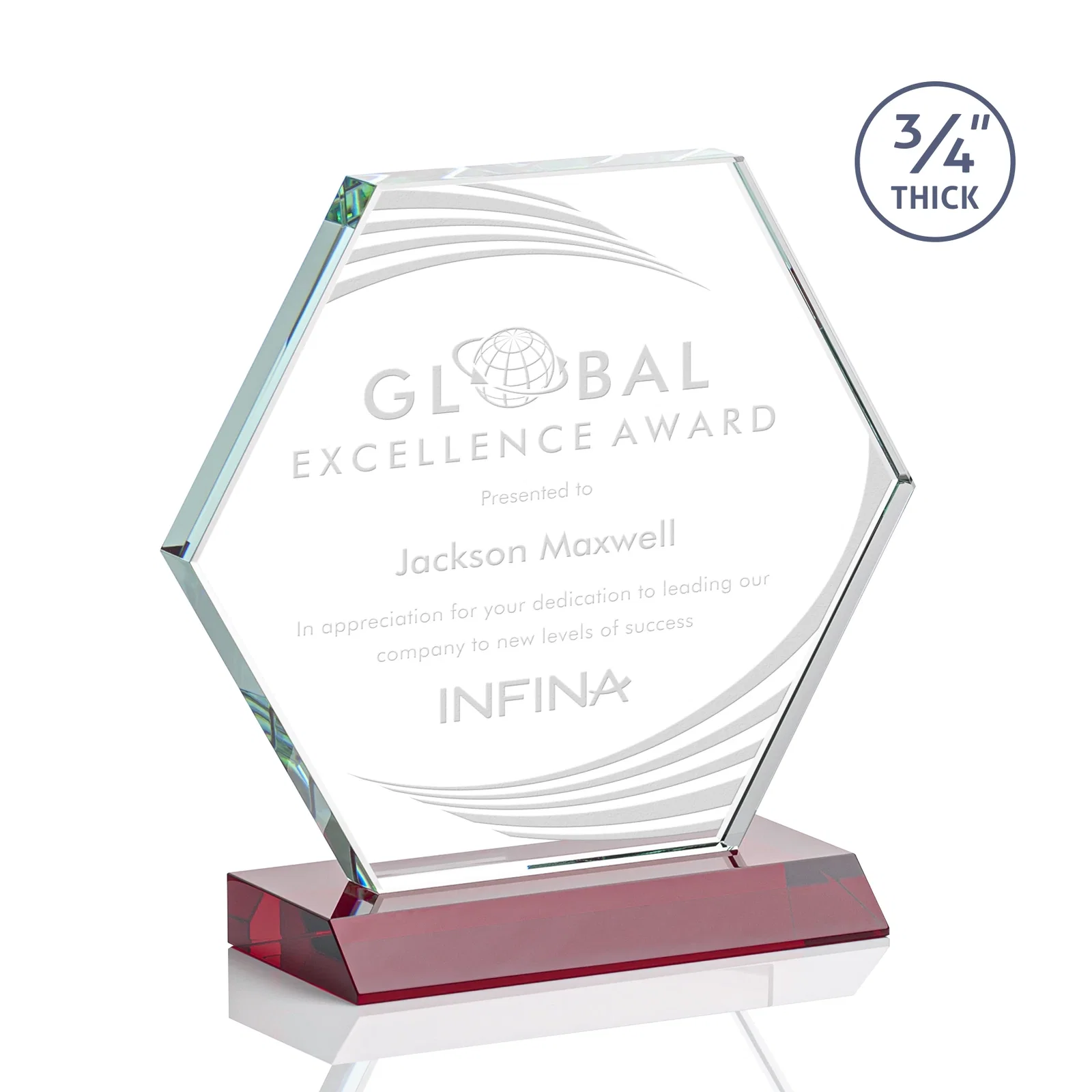 Personalized Starfire Crystal Hexagon Award, 3/4 Inch Thick on Crystal Base, awards for dealer and partner awards