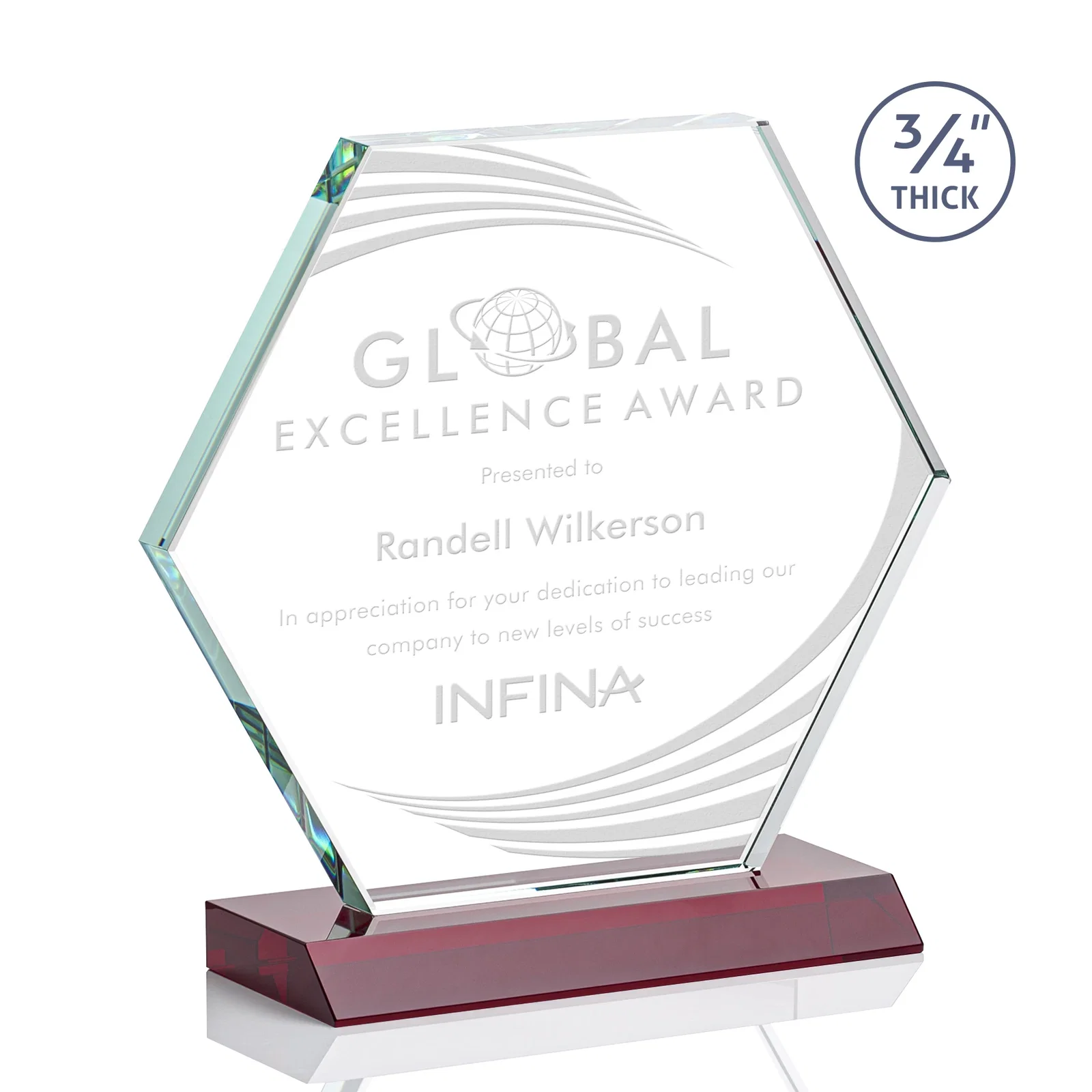 Personalized Starfire Crystal Hexagon Award, 3/4 Inch Thick on Crystal Base, awards for company anniversary events