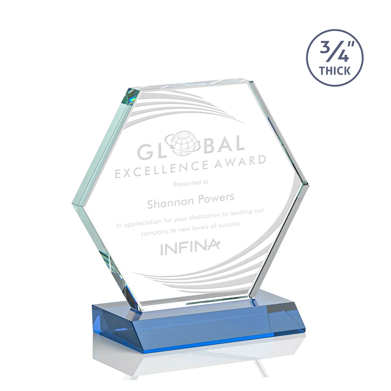 Promotional Starfire Crystal Hexagon Award, 3/4 Inch Thick on Crystal Base, awards for corporate award ceremonies