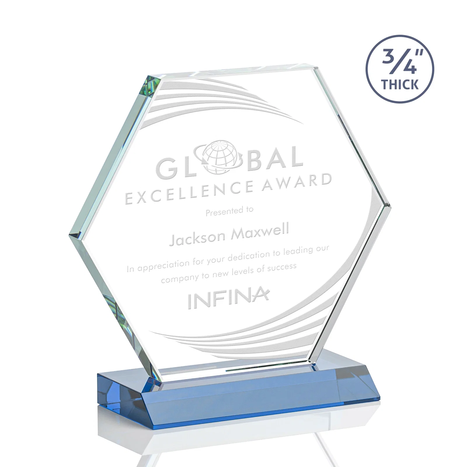 Promotional Starfire Crystal Hexagon Award, 3/4 Inch Thick on Crystal Base, awards for service anniversary gifts