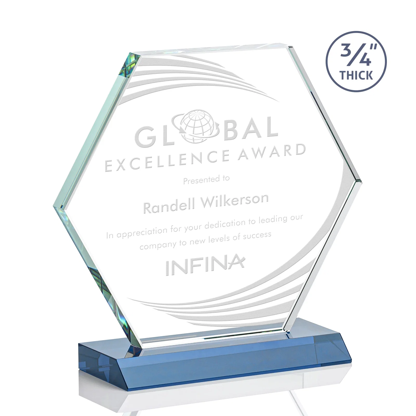 Promotional Starfire Crystal Hexagon Award, 3/4 Inch Thick on Crystal Base, awards for sales achievement awards