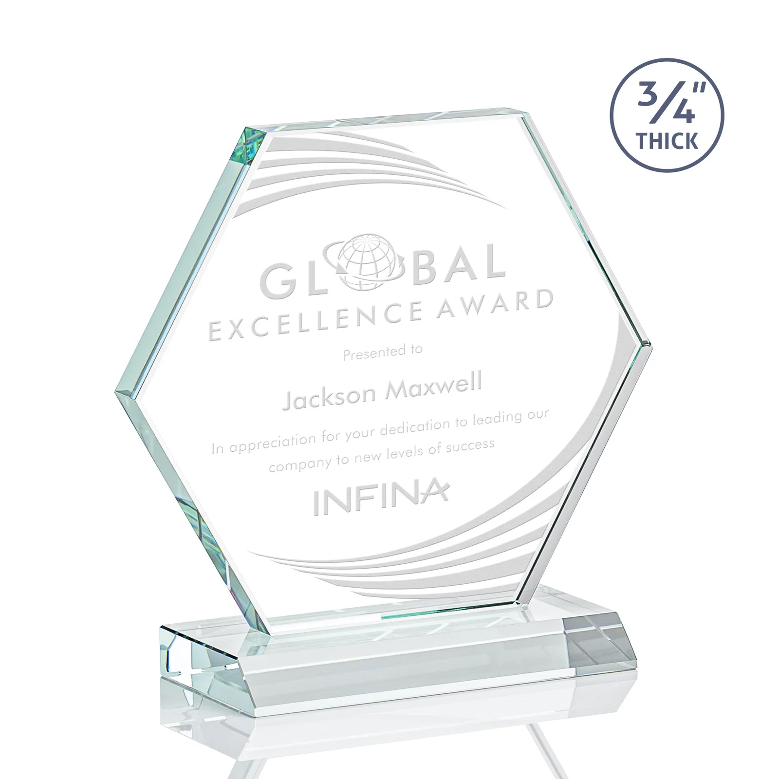 Custom Starfire Crystal Hexagon Award, 3/4 Inch Thick on Crystal Base, awards for service anniversary gifts
