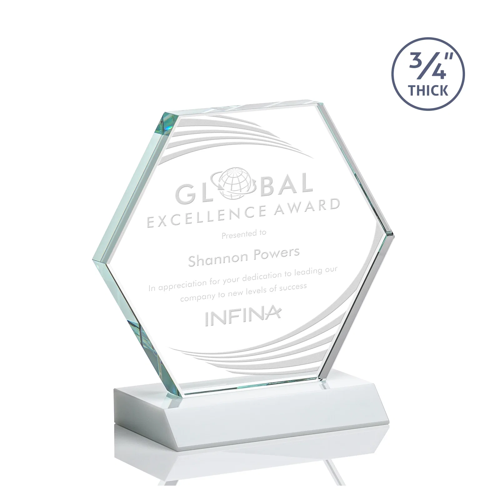 Promotional Starfire Crystal Hexagon Award, 3/4 Inch Thick on Crystal Base, awards for team milestone celebrations