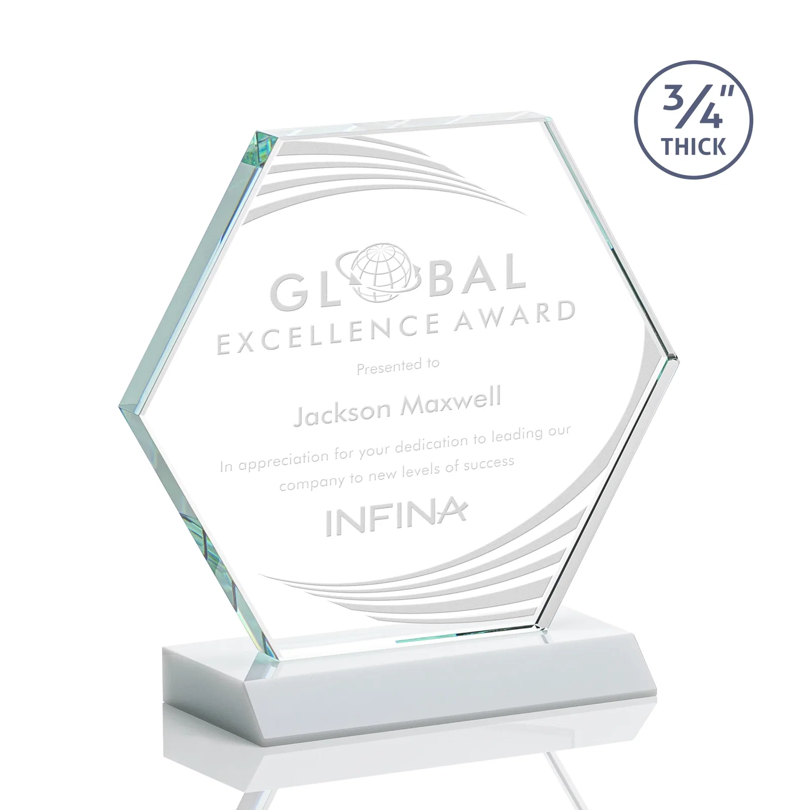 Promotional Starfire Crystal Hexagon Award, 3/4 Inch Thick on Crystal Base, awards for donor appreciation