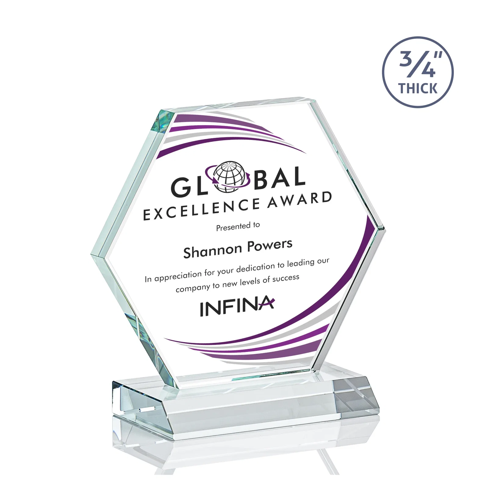 Promotional Starfire Crystal Hexagon Award, 3/4 Inch Thick on Crystal Base, awards for volunteer appreciation