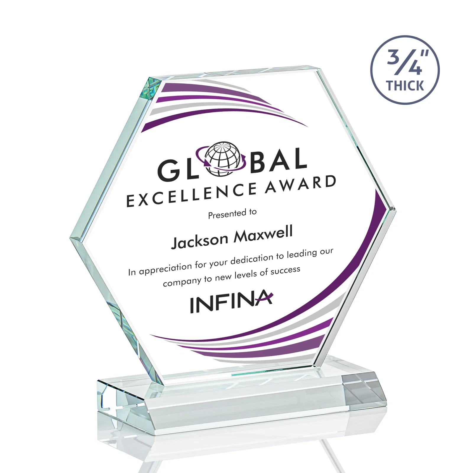 Promotional Starfire Crystal Hexagon Award, 3/4 Inch Thick on Crystal Base, awards for dealer and partner awards