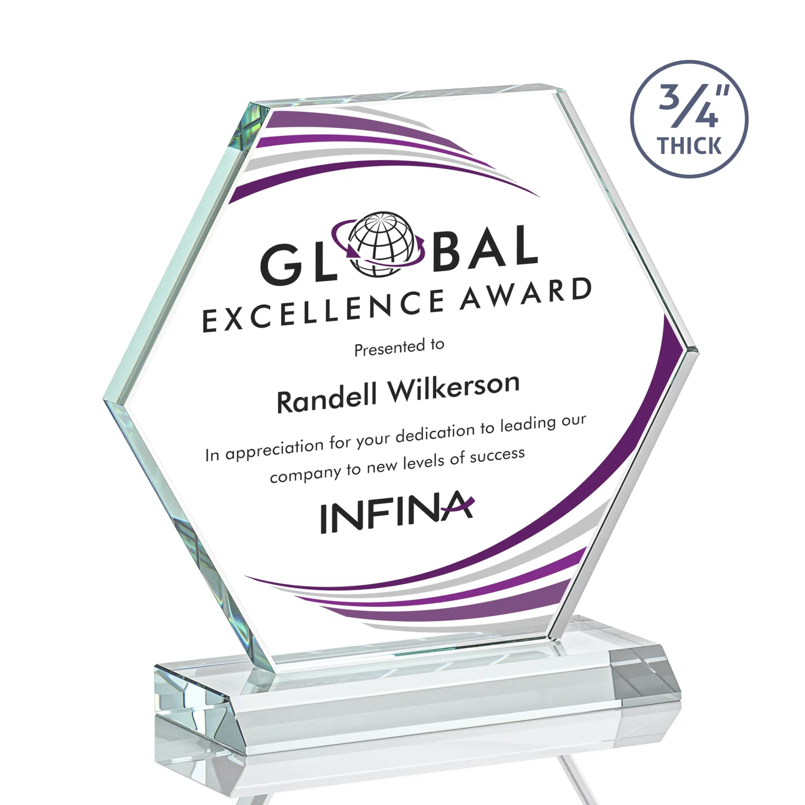 Promotional Starfire Crystal Hexagon Award, 3/4 Inch Thick on Crystal Base, awards for company anniversary events