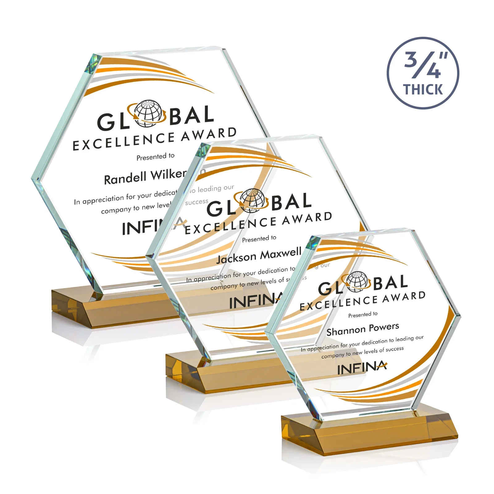 Branded Starfire Crystal Hexagon Award, 3/4 Inch Thick on Crystal Base, awards for employee recognition