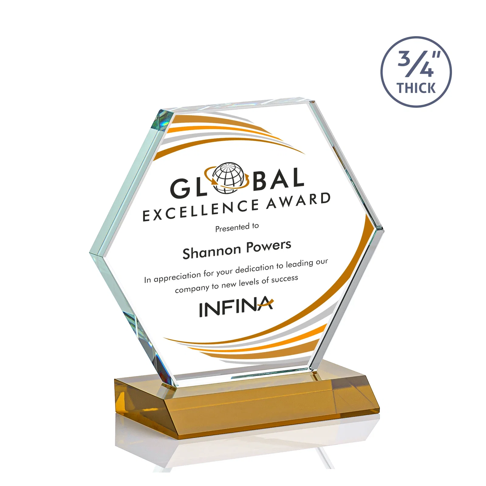 Branded Starfire Crystal Hexagon Award, 3/4 Inch Thick on Crystal Base, awards for corporate award ceremonies