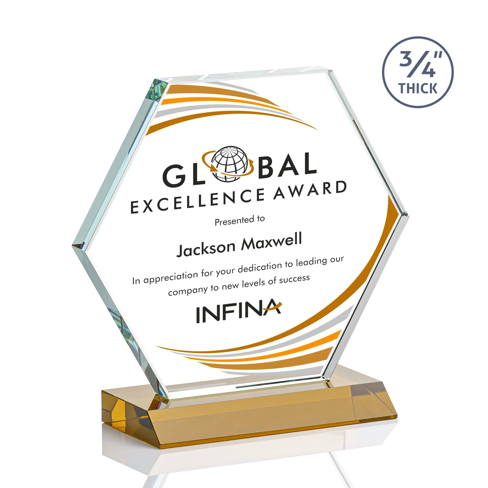 Branded Starfire Crystal Hexagon Award, 3/4 Inch Thick on Crystal Base, awards for service anniversary gifts