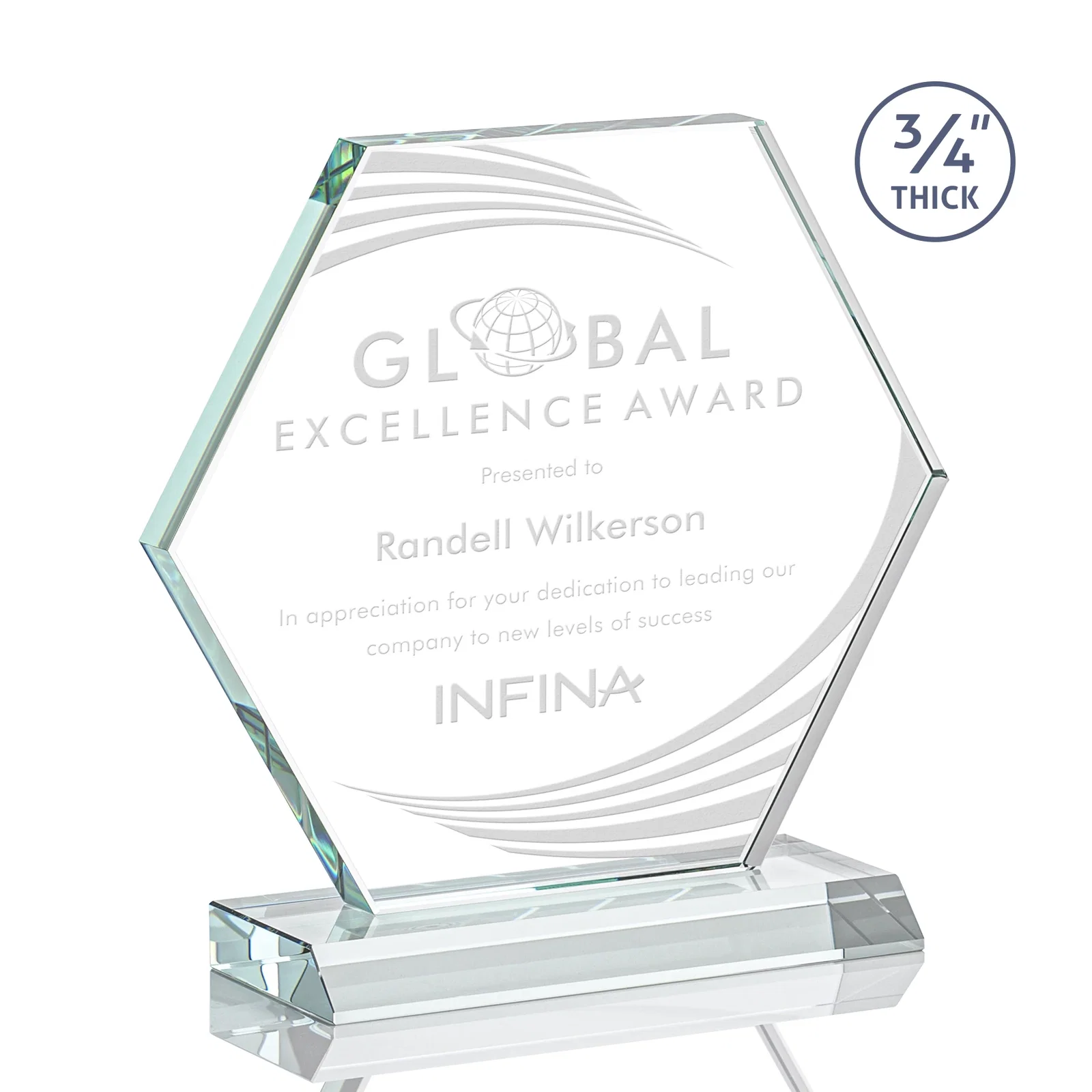 Custom Starfire Crystal Hexagon Award, 3/4 Inch Thick on Crystal Base, awards for sales achievement awards