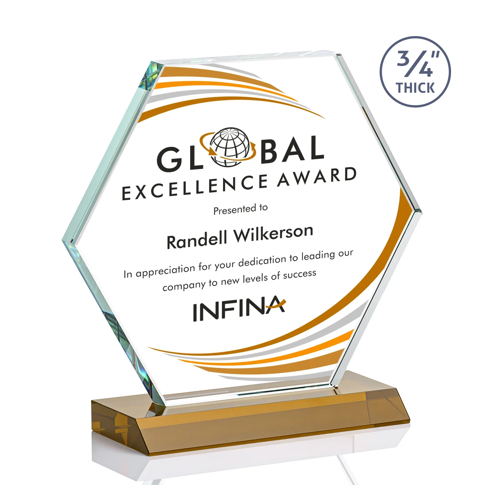 Branded Starfire Crystal Hexagon Award, 3/4 Inch Thick on Crystal Base, awards for sales achievement awards