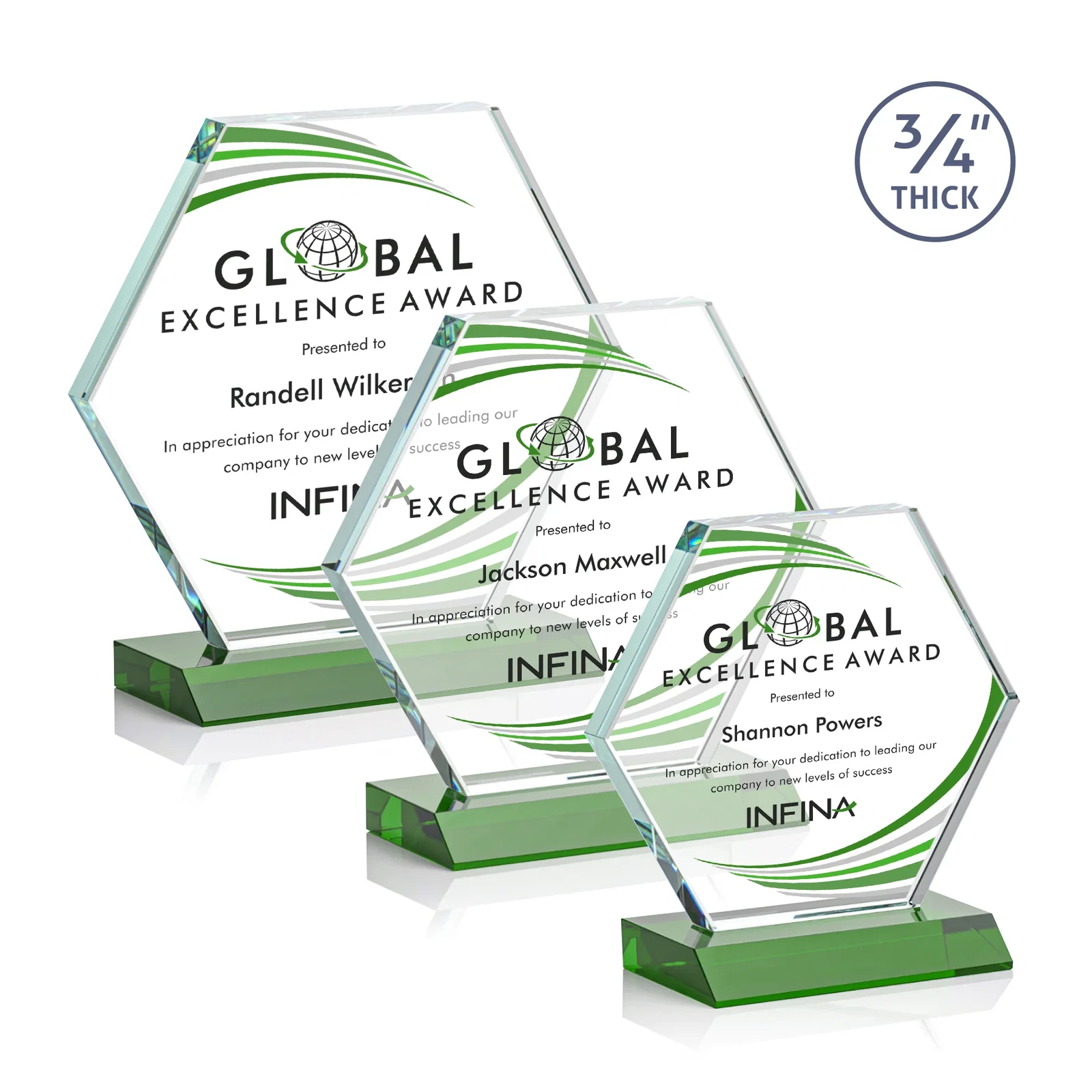 Branded Starfire Crystal Hexagon Award, 3/4 Inch Thick on Crystal Base, awards for retirement presentations