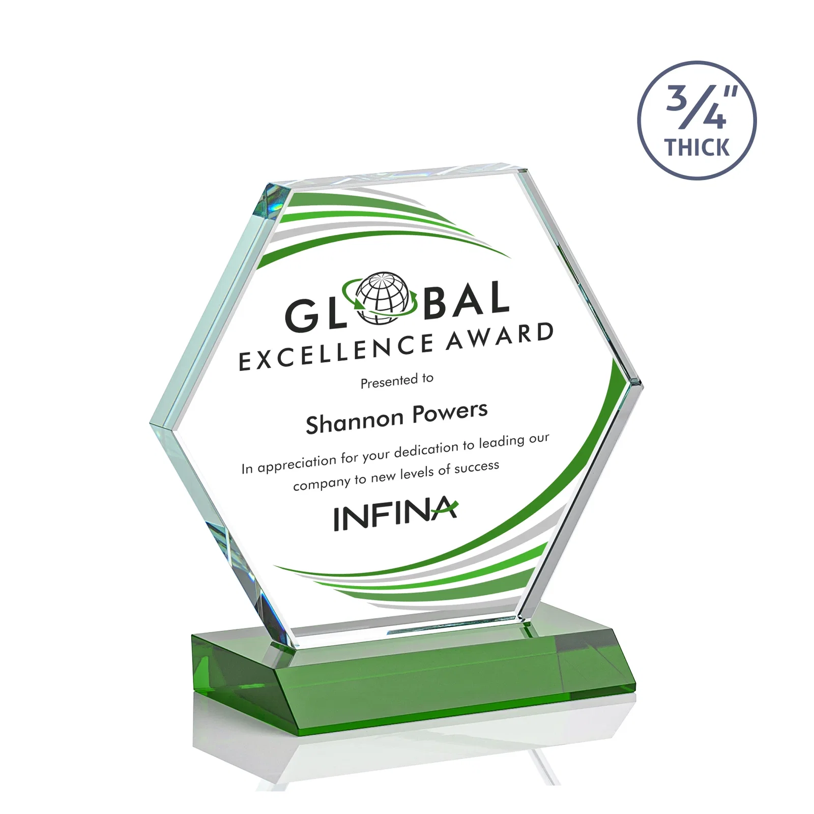 Branded Starfire Crystal Hexagon Award, 3/4 Inch Thick on Crystal Base, awards for team milestone celebrations