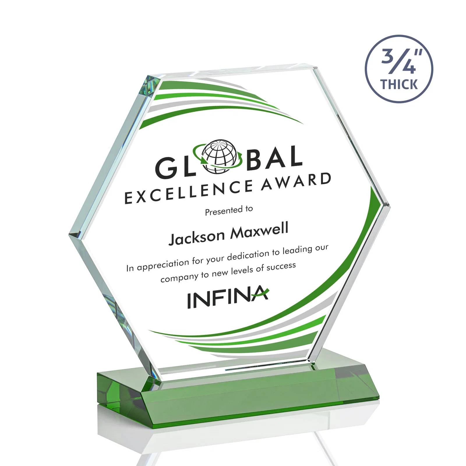 Branded Starfire Crystal Hexagon Award, 3/4 Inch Thick on Crystal Base, awards for donor appreciation