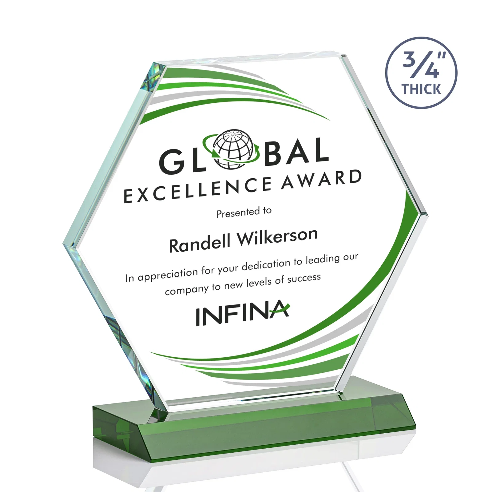 Branded Starfire Crystal Hexagon Award, 3/4 Inch Thick on Crystal Base, awards for graduation ceremonies