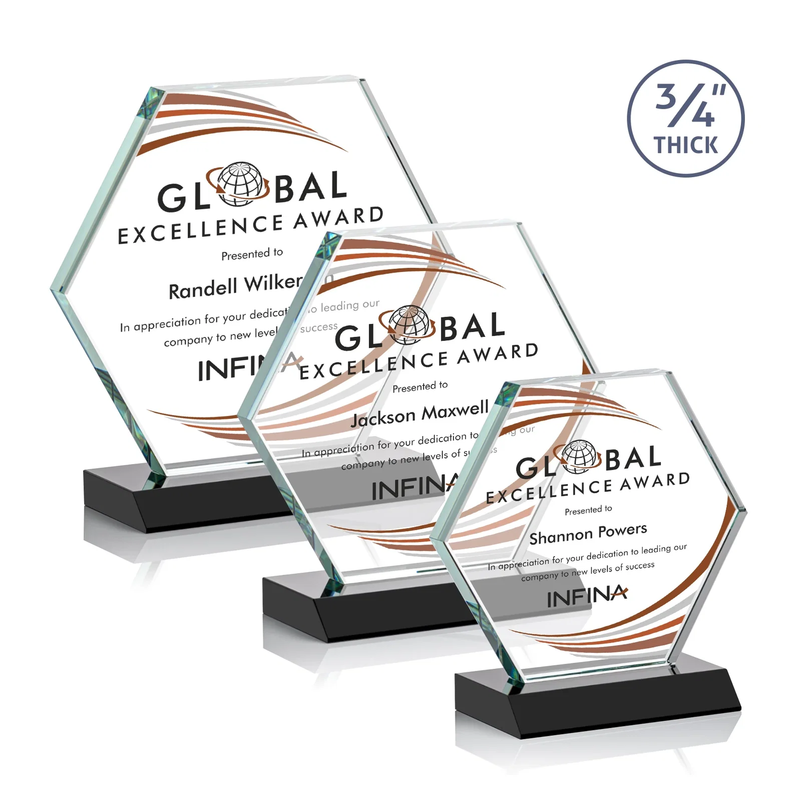 Branded Starfire Crystal Hexagon Award, 3/4 Inch Thick on Crystal Base, awards for safety achievement programs